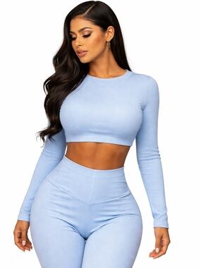 Naked Wardrobe Ribbed Long Sleeve Crop Top in Baby Blue Size Medium NEW
